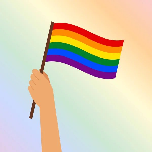 優しい虹の背景にLgbtの旗を持つ手 プライド月間バナーポスター背景 イラスト ベクター — ストックベクタ