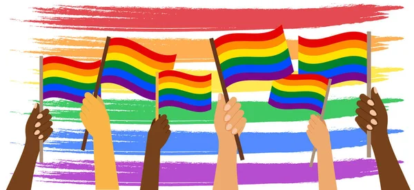 多种族的手在抽象的丙烯酸彩虹背景上与Lgbt旗帜 骄傲月横幅 — 图库矢量图片