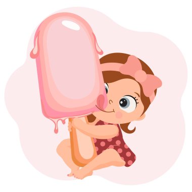 Çubuğun üzerinde kocaman dondurması olan tatlı küçük bir kız. Bebek dondurma yalıyor. Çizgi film karakteri, yaz çizimi, vektör