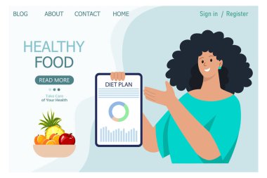 İllüzyon, diyet planı ve bir tabak meyvesi olan kadın beslenme uzmanı. Sağlıklı gıda konsepti. Web sitesi, vektör