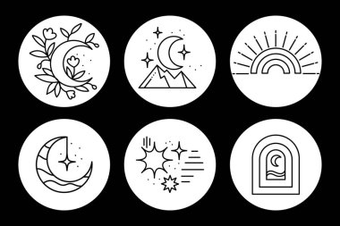 Boho stili, gök cisimleri, çiçekler, geometrik şekiller gibi mistik simgeler. Siyah beyaz tasarım. Resim, şablon, vektör