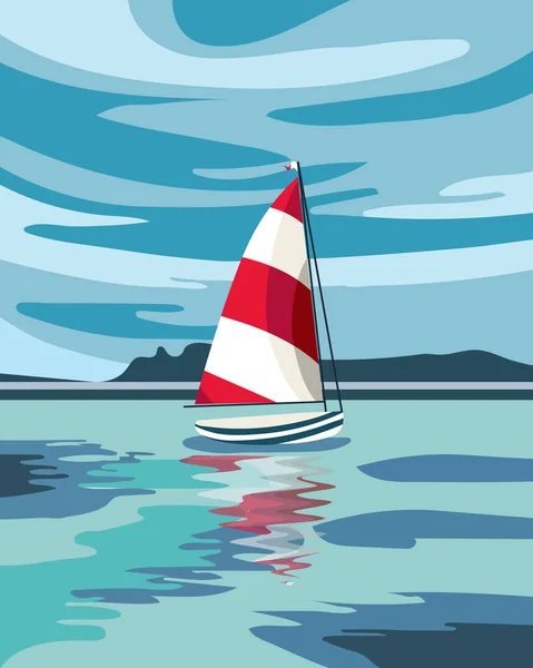 Yacht Blanc Coloré Dans Océan Paysage Marin Avec Ciel Nuageux — Image vectorielle