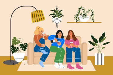 Genç kadınlar ev içi bitkilerle dolu bir kanepede oturup şarap içerler. Yaşam tarzı konsepti. Düz çizim, vektör