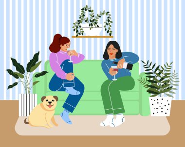Genç kadınlar evin içinde bir köpek ve bitkilerle şarap içerler. Yaşam tarzı konsepti. Düz çizim, vektör