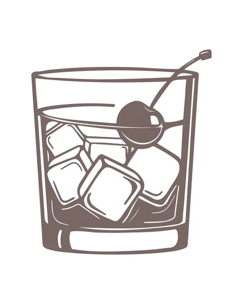 Rysunek Linii Szklanki Whiskey Wisienką Brązowy Biały Wzór Ikona Ilustracja — Wektor stockowy