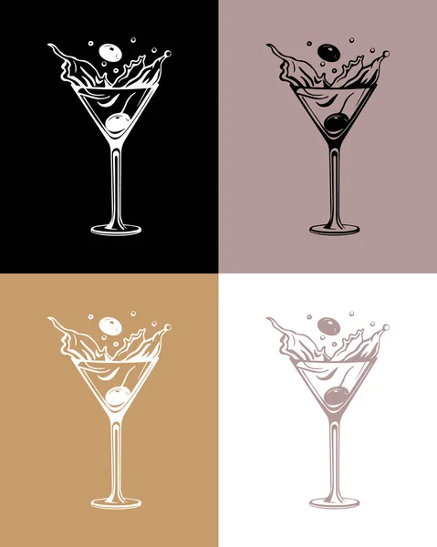 Line Drawing Martini Glasses Set Glasses Wine Olives Black Beige — Stock Vector