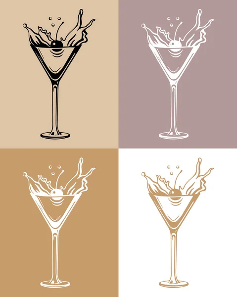 Lijntekening Van Martini Glazen Een Paar Glazen Met Wijn Kersen — Stockvector