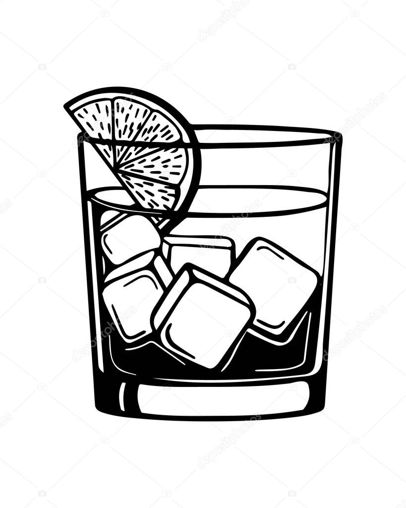 Line drawing of a glass with whiskey and a slice of lemon. Black white design. Icon, illustration, vector