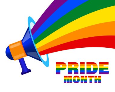 Giden LGBT gökkuşağı bayrağı ve Gurur Ayı yazılı megafon. Görüntü, afiş, poster, vektör