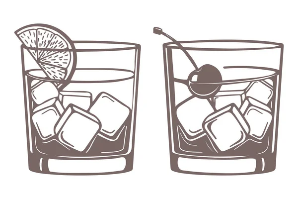 Rysunek Linii Szklanek Whisky Kostki Lodu Wiśnie Kawałek Cytryny Ilustracja — Wektor stockowy