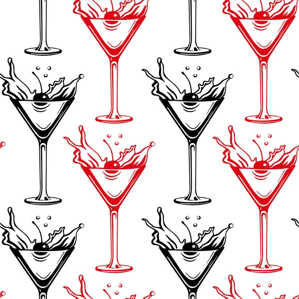 Płynny Wzór Czerwone Czarne Kieliszki Martini Wisienkami Plamy Białym Tle — Wektor stockowy