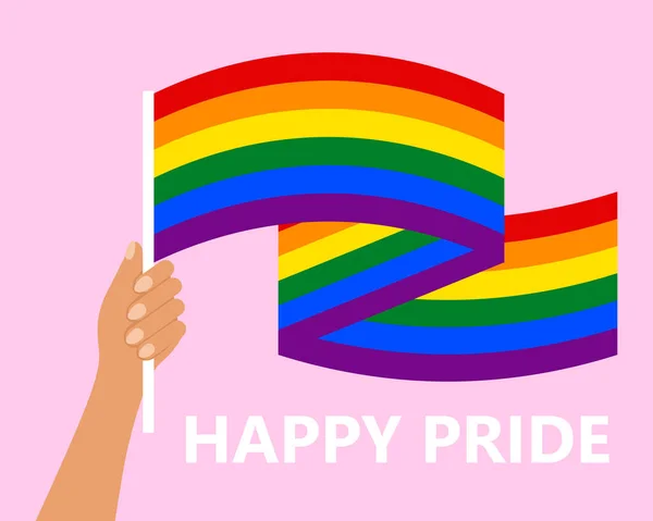 Mano Tenendo Bandiera Arcobaleno Lgbt Testo Happy Pride Month Sfondo — Vettoriale Stock