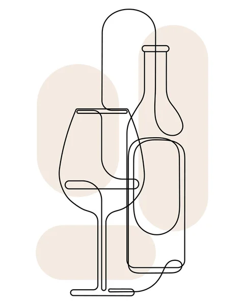 Line Art Wine Bottle Wine Glass Black Line Abstract Spots — Stock Vector