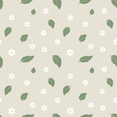 Kusursuz desen, papatya çiçeği ve bej arka planda yapraklar, pastel renkler. Yazdırma, arkaplan, tekstil, duvar kağıdı, vektör