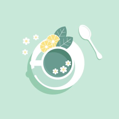 Nane çayı, limon dilimleri ve kaşıkla bir fincan çay. Yukarıdan bak. Resim, baskı, vektör