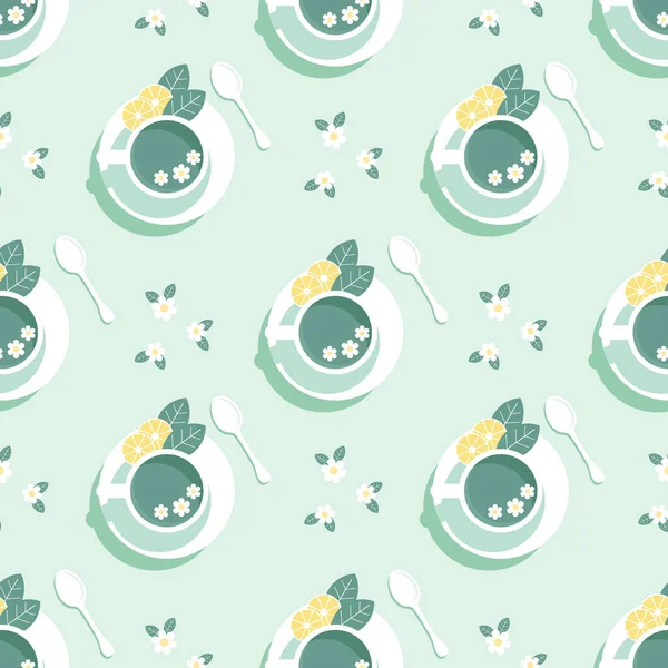 Naadloos Patroon Kopjes Met Muntthee Citroenschijfjes Kamillebloemen Pastelkleuren Print Achtergrond — Stockvector