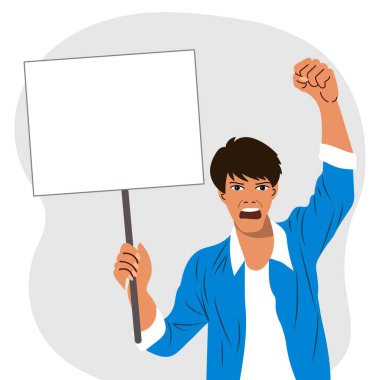 Protesto konsepti. Kızgın adam beyaz pankartla protesto ediyor ve yumruğunu kaldırıyor. Metin için resim, poster. Vektör