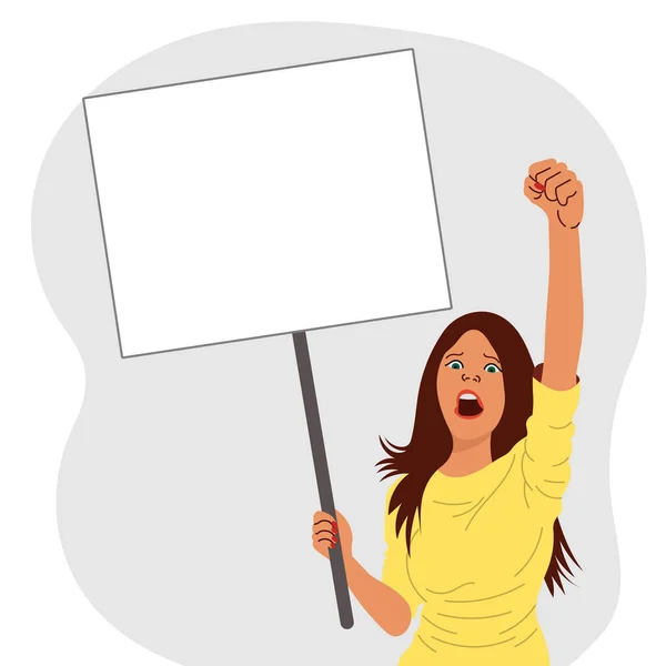 Protest Concept Angry Woman Protesting White Placard Raised Fist Illustration — ストックベクタ