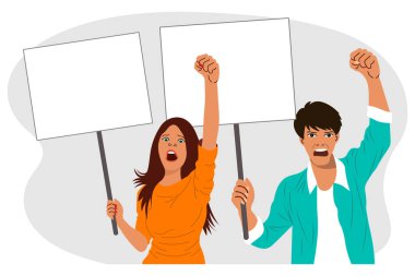 Protesto konsepti. Kızgın adam ve kadın beyaz pankartlarla protesto edip yumruklarını kaldırdılar. Metin için resim, poster. Vektör