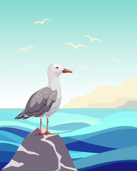 Cute Seagull Rock Backdrop Seascape Summer Illustration Clip Art Print — Stock Vector