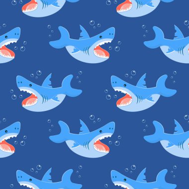Kusursuz desenler, mavi deniz arka planında şirin köpek balıkları ve kabarcıklar. Çocuklar için yazdırma, arkaplan, tekstil, duvar kağıdı, vektör