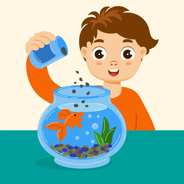 Cute Boy Feeding Fish Glass Aquarium Baby Illustration Print Vector — Stockvector