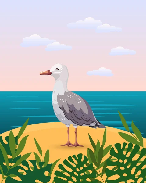 Cute Seagull Sandy Island Tropical Plants Backdrop Seascape Summer Illustration — 스톡 벡터