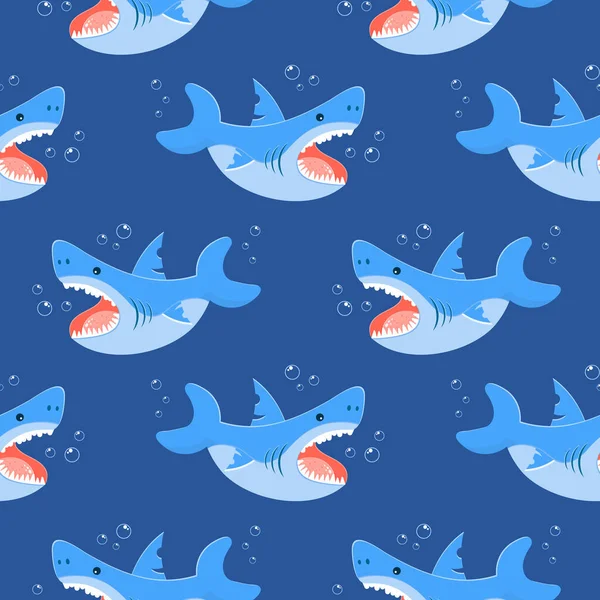 Seamless Pattern Cute Cartoon Sharks Bubbles Blue Sea Background Print — Stock Vector