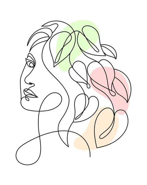 Line Art Portrait Girl Flowers Tropical Leaves Black Line Pastel — ストックベクタ