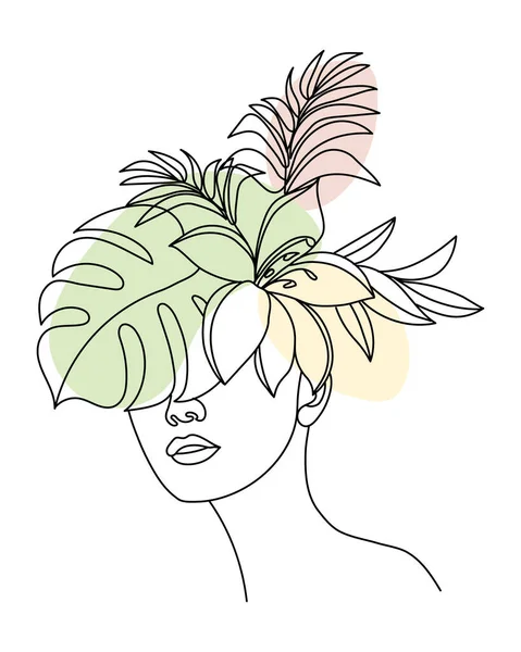Line Art Portrait Girl Flowers Tropical Leaves Black Line Pastel — Image vectorielle