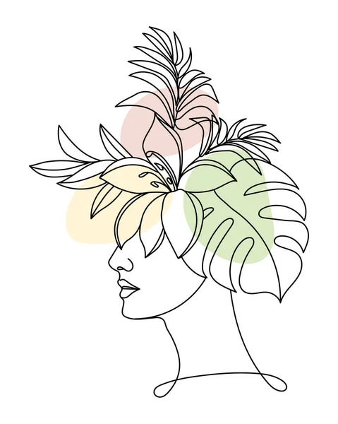 Line Art Portrait Girl Flowers Tropical Leaves Black Line Pastel — ストックベクタ