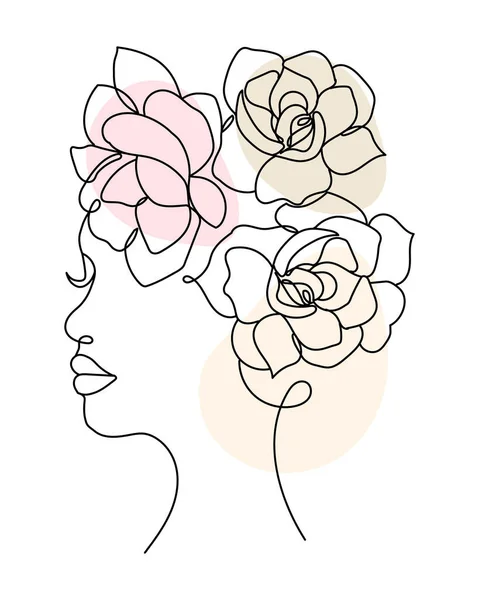 Line Art Portrait Girl Flowers Tropical Leaves Black Line Pastel — ストックベクタ