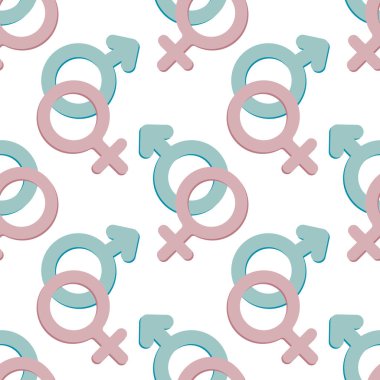 Kusursuz desen, kadınsı ve erkeksi semboller, beyaz arka planda pembe ve mavi cinsiyet sembolleri. Yazdır, arka plan, duvar kağıdı. vektör