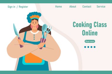 Bıçak, kaşık ve çatalla yemek pişiren ve internette yemek pişirme dersi yazan şişman bir kadın. Sancak, web sitesi, illüstrasyon, vektör