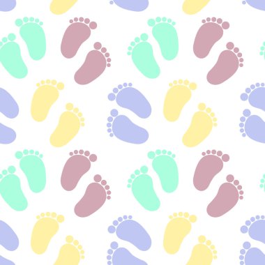 Kusursuz desen, beyaz arka planda pastel renkli şirin bebek ayak izleri. Yazdırma, arkaplan, tekstil, duvar kağıdı, vektör