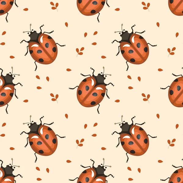 Cute Ladybugs Leaves Light Background Seamless Pattern Print Background Textile — Stock Vector