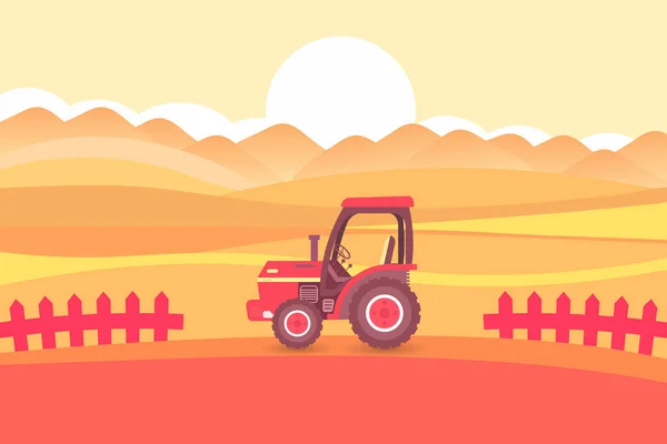 Trattore Agricolo Sullo Sfondo Campi Tramonto Illustrazione Vettore — Vettoriale Stock