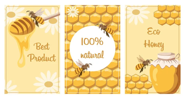Honey Poster Set Posters Bees Honeycombs Jar Honey Spoon Barrel — Stock vektor