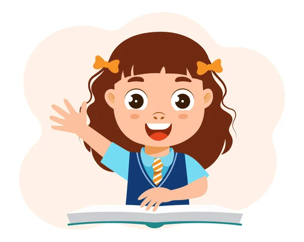 Cute Happy Girl Book Girl Laughs Waves Her Hand Cartoon — Stok Vektör