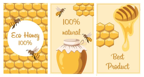 Honey Poster Set Posters Bees Honeycombs Jar Honey Spoon Barrel — Stock Vector