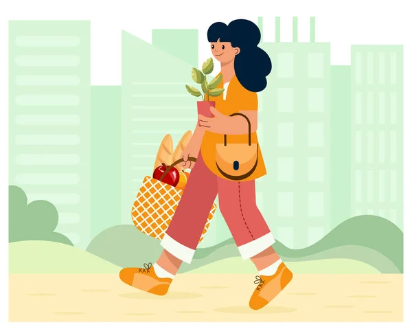 Happy Woman Shopping Bags Background Urban Landscape Shopping Concept Illustration — Stock vektor