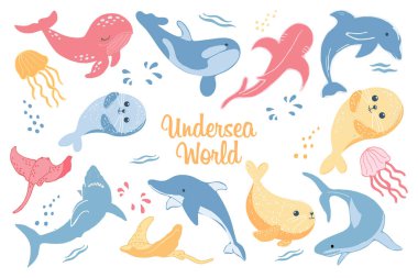 Sualtı dünyasının deniz hayvanları, köpekbalıkları, yunuslar, balinalar ve denizanaları. Yazdırma, şablon, vektör