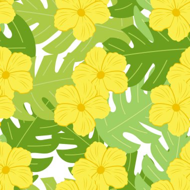 Kusursuz desen, tropik yaprakların arka planında sarı zambak çiçekleri. Çiçek baskısı, arkaplan, tekstil, duvar kağıdı, vektör