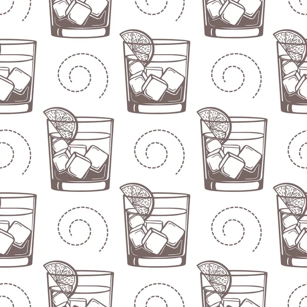 Seamless Pattern Contour Glasses Cocktail Ice Slice Lemon White Background — Wektor stockowy