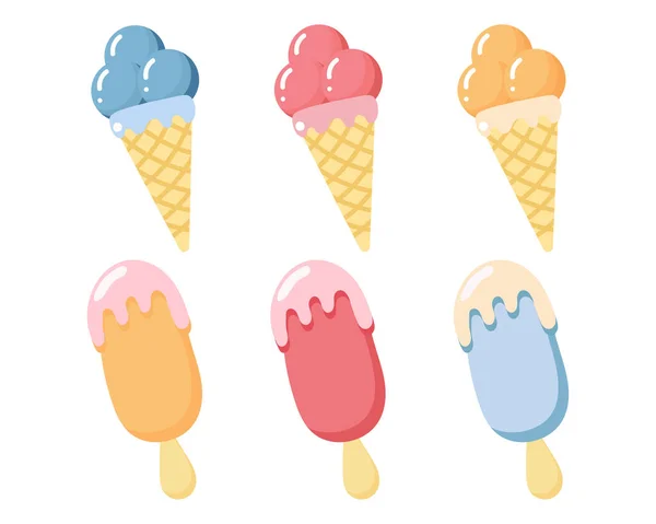 Set Drawn Ice Creams Stick Waffle Cones Print Food Illustration — Stock vektor