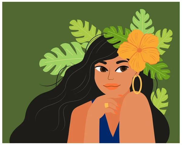 Portrait Cute Asian Girl Tropical Flowers Leaves Her Hair Illustration — Image vectorielle