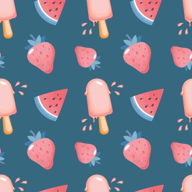 Kusursuz desen, dondurma, çilek ve karpuz parçaları mavi arka planda. Yazdırma, yaz arkaplanı, tekstil, vektör