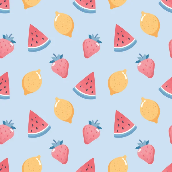 Seamless Pattern Strawberries Lemons Watermelons Blue Background Print Summer Background — Vetor de Stock