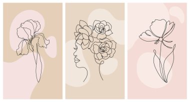 Portrait of a woman and flowers. Set of posters, line art, wall art.Black line on abstract background in pastel colors. Illustration, vector