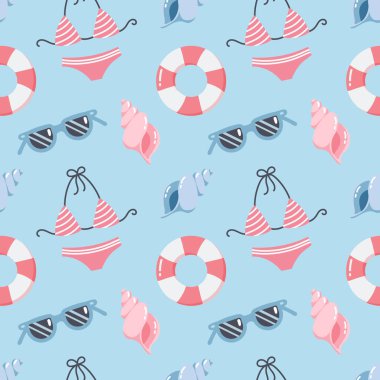 Kusursuz desen, bikini, güneş gözlüğü, arka planda deniz kabukları. Yazdırma, yaz arkaplanı, tekstil, duvar kağıdı, vektör